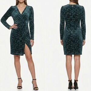 Tommy Hilfiger‎ Burnout Velvet Faux Wrap Dress Sz 8 Emerald Green Wedding Guest
